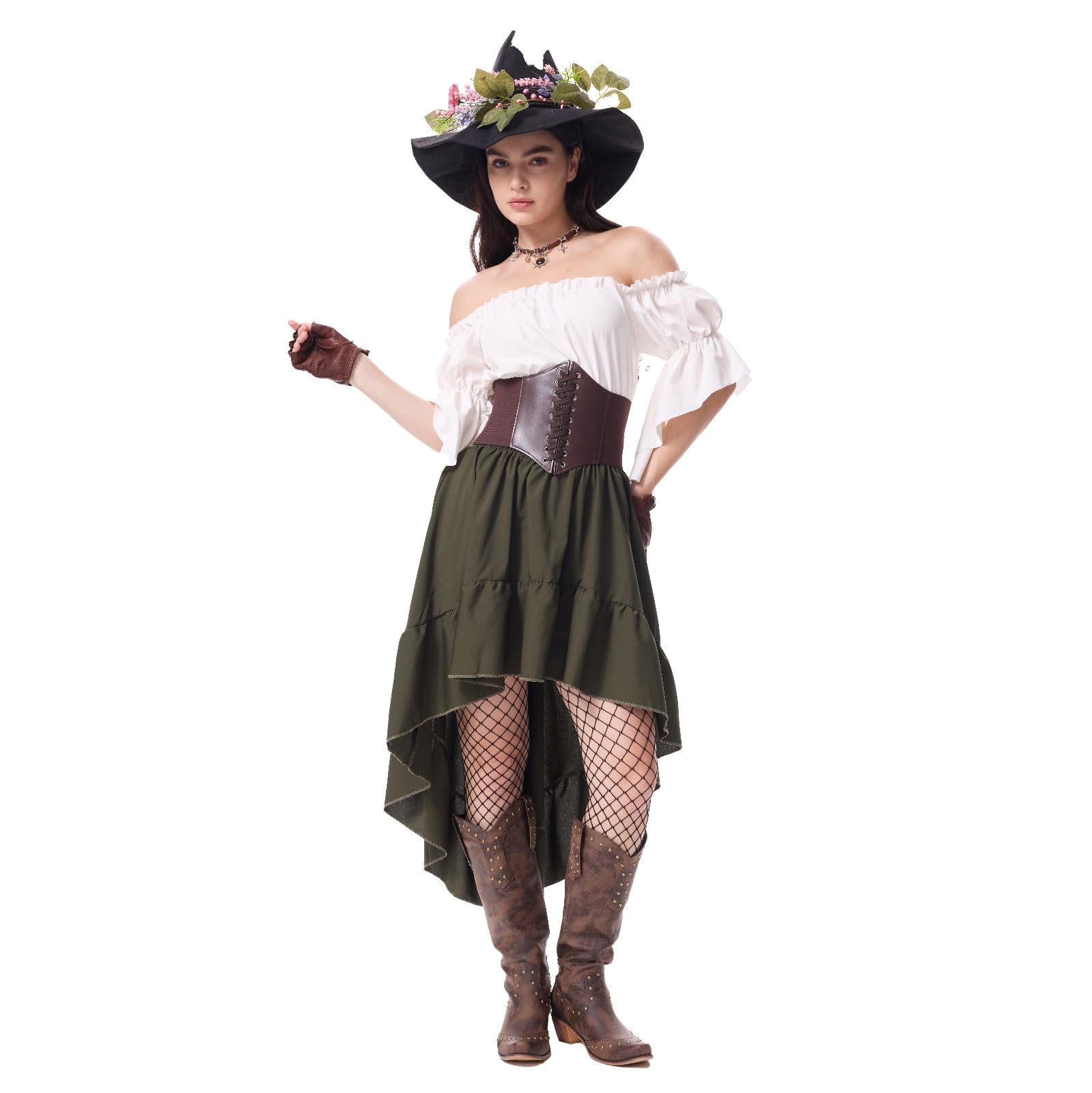 Ansenesna Halloween Kostüm Damen Set Piratenkostüm Damen Komplett Set | Hexenkostüm Mittelalter Kleidung Mieder Bluse Kurzarm Schulterfrei Rock Kurz Gothic Kleidung Vintage Elegant Faschingskostüme