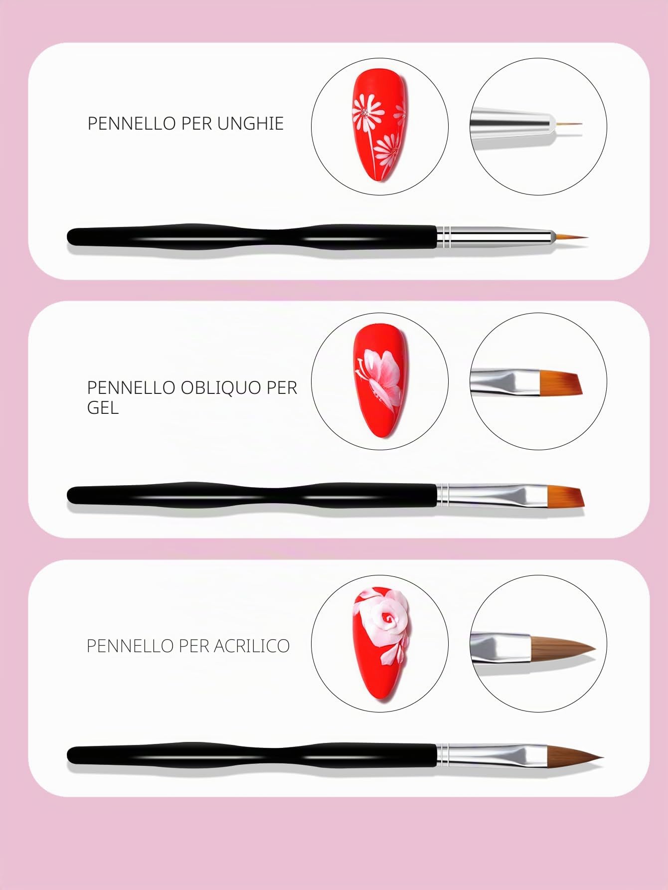 Set di pennelli per nail art, 10 pennelli per nail art, pennelli professionali per nail art, pennelli sottili per unghie, neri