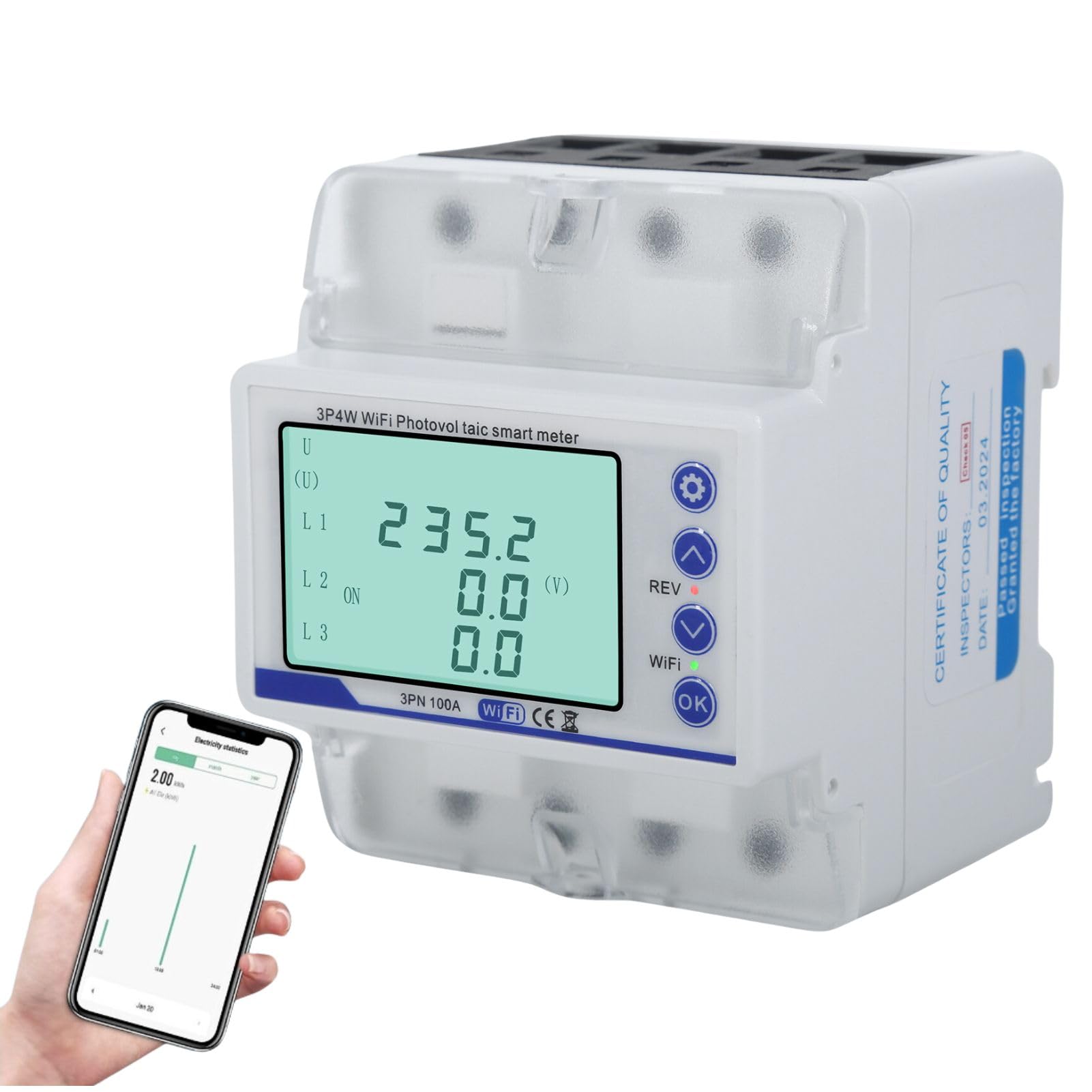Jadeshay WiFi Smart Electric Meter 100A 380V Energy Monitor Din Rail Circuit Breaker 3 Phase 4 Wire Photovoltaic Electricity Usage Monitor Remote Control via APP Over Under Voltage Protector