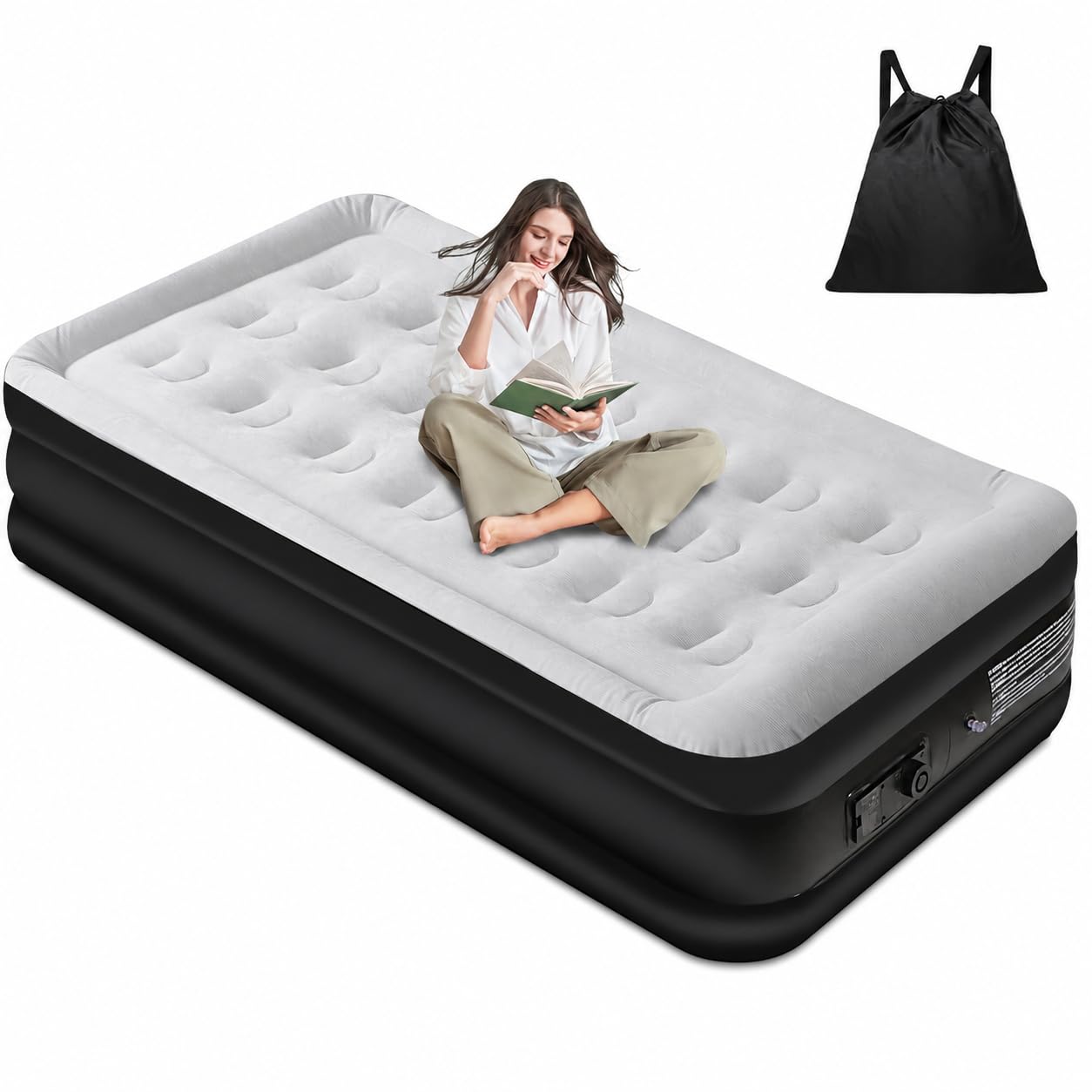 Panana Matelas Gonflable 1 Personne avec Pompe Intégrée, Lit Gonflable Simple 196x97x47cm, Matelas d’Appoint avec Surface Floquée et Sac de Rangement pour Maison Camping Invités
