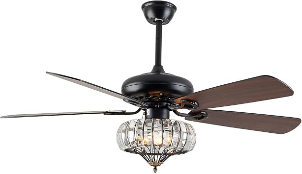 52In Retro Crystal Ceiling Fan, 3-Speed Industrial Ceiling Fan Chandelier with Remote Control&5 Wood Blades, 2-In-1 Timeable Black Industrial Cage Light for Kitchen Living Room Bedroom