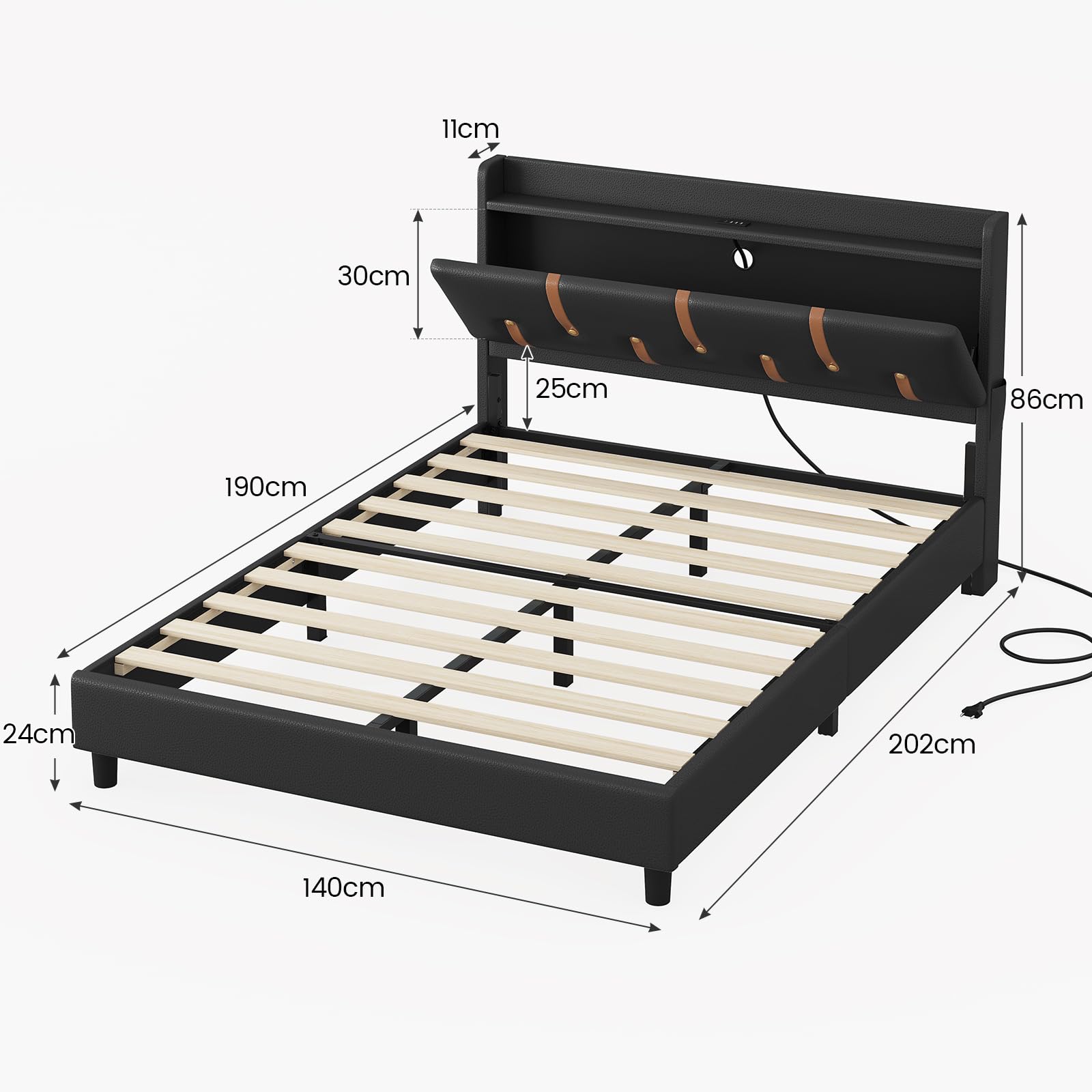 KIMENICH Lit 140x190 avec Sommier à Lattes en Bois, Lits 2 Personnes avec Multiprise, Tête de Lits Capitonnée avec Compartiment Caché et Étagère Ouverte, Cadre de Lit 140x190 Rembourré, PU Noir