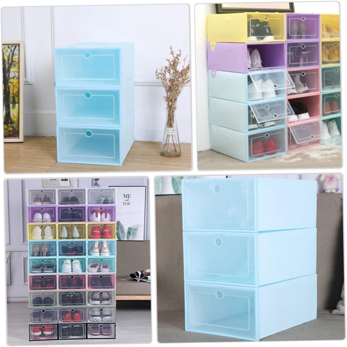 6pcs Stackable Transparent Shoes Organizer Breathable Drawer-type Shoe Storage Box Space-saving Container for Closet Entryway and Bedroom Round Center Blue