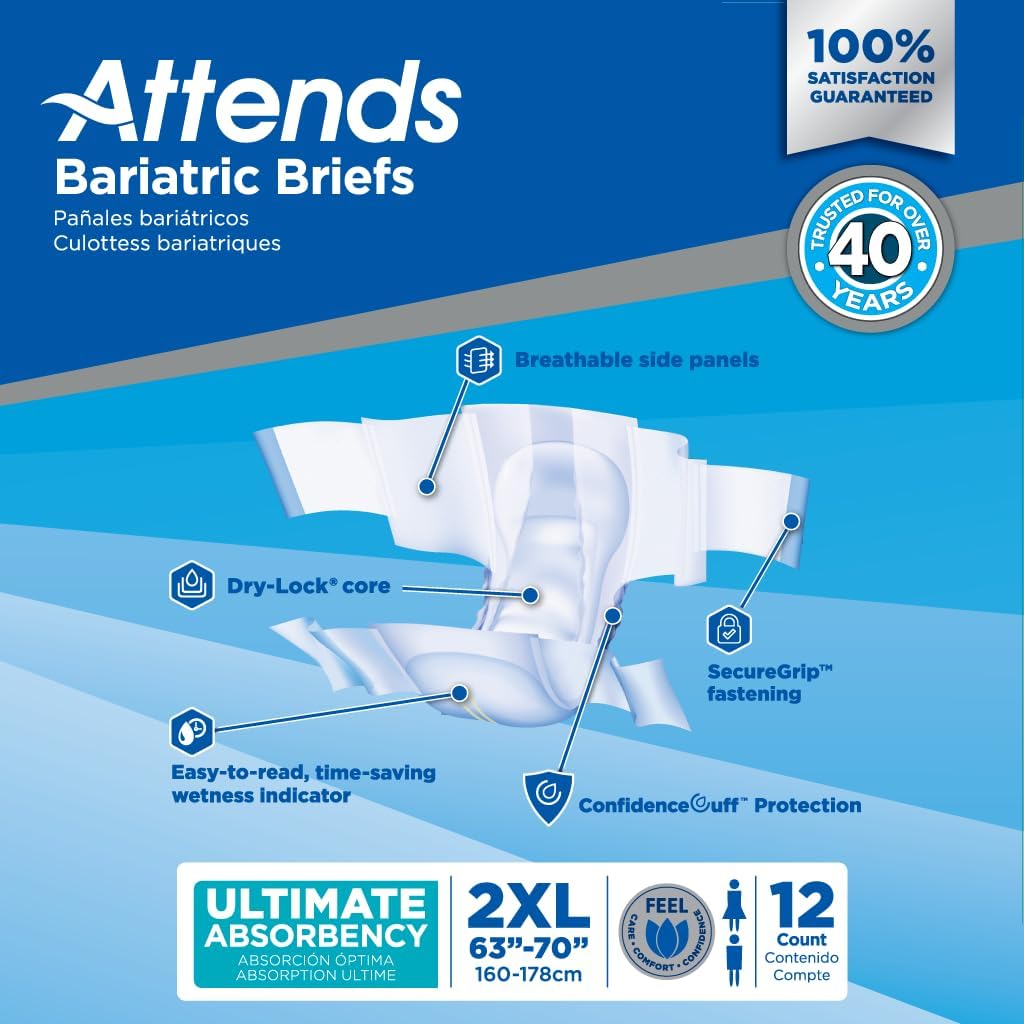 Attends Bariatric Incontinence Disposable Briefs, XX-Large, 63"-70" Waist with Tab Closures, Ultimate Absorbency, Dry-Lock Containment Core and ConfidenceCuff Leakage Protection, 2XL 48ct Case