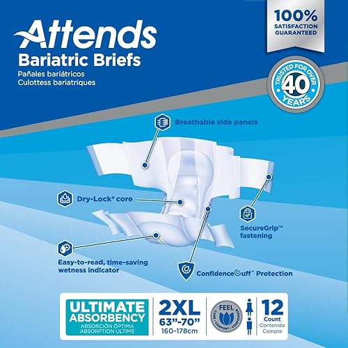 Miniatura 7 de Attends Calzoncillos desechables para incontinencia bariátrica, XXL, cintura de 63 a 70 pulgadas con cierres de pestañas, máxima absorción y