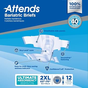 Attends Bariatric Incontinence Briefs, XX-Large, Ultimate Absorbency, 12 Ct