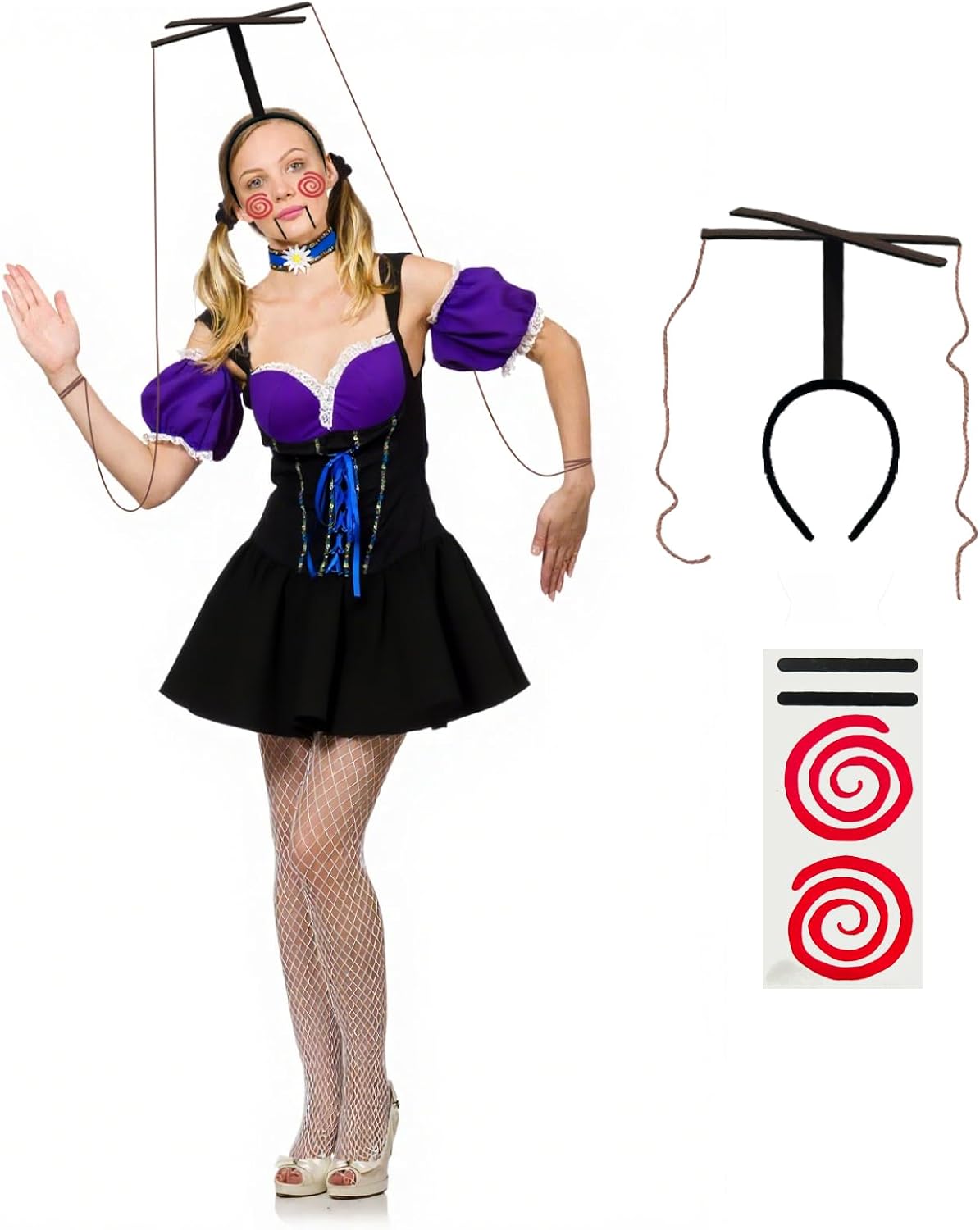 2 Pcs Halloween Marionette Doll Costume Accessories for Horror Cosplay | Include Headband with Puppet Strings Puppet Red Spirals Cheek Tattoo, Masquerade Party Stage Performance Comic Con