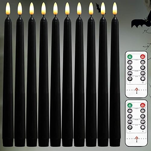 NONNO & ZGF Paquete de 10 velas cónicas cubiertas de cera LED negras de 11 pulgadas con 2 controles remotos, velas decorativas sin llama, LED blanco