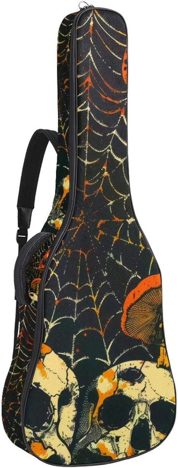 Acoustic Guitar Gig Bag 10mm Thick Padding, Soft Waterproof Guitar Case with Adjustable Backpack Straps for 40-42 Inch Guitar, Skulls Mushroom Web
