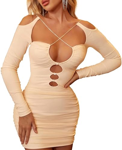 colysmo beige dress Colysmo Women Long Sleeve Mesh Off Shoulder Bodycon Dominican Republic