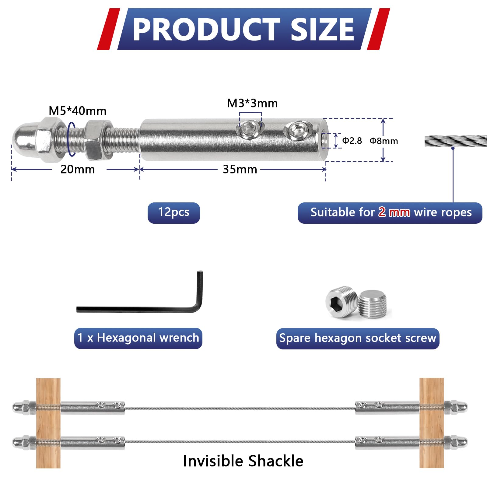 Pack de 12 Terminales para cable 2 mm – Tensor inoxidable con espárrago y llave Allen, Fijación robusta para cables metálicos en barandillas o cerramientos decorativos