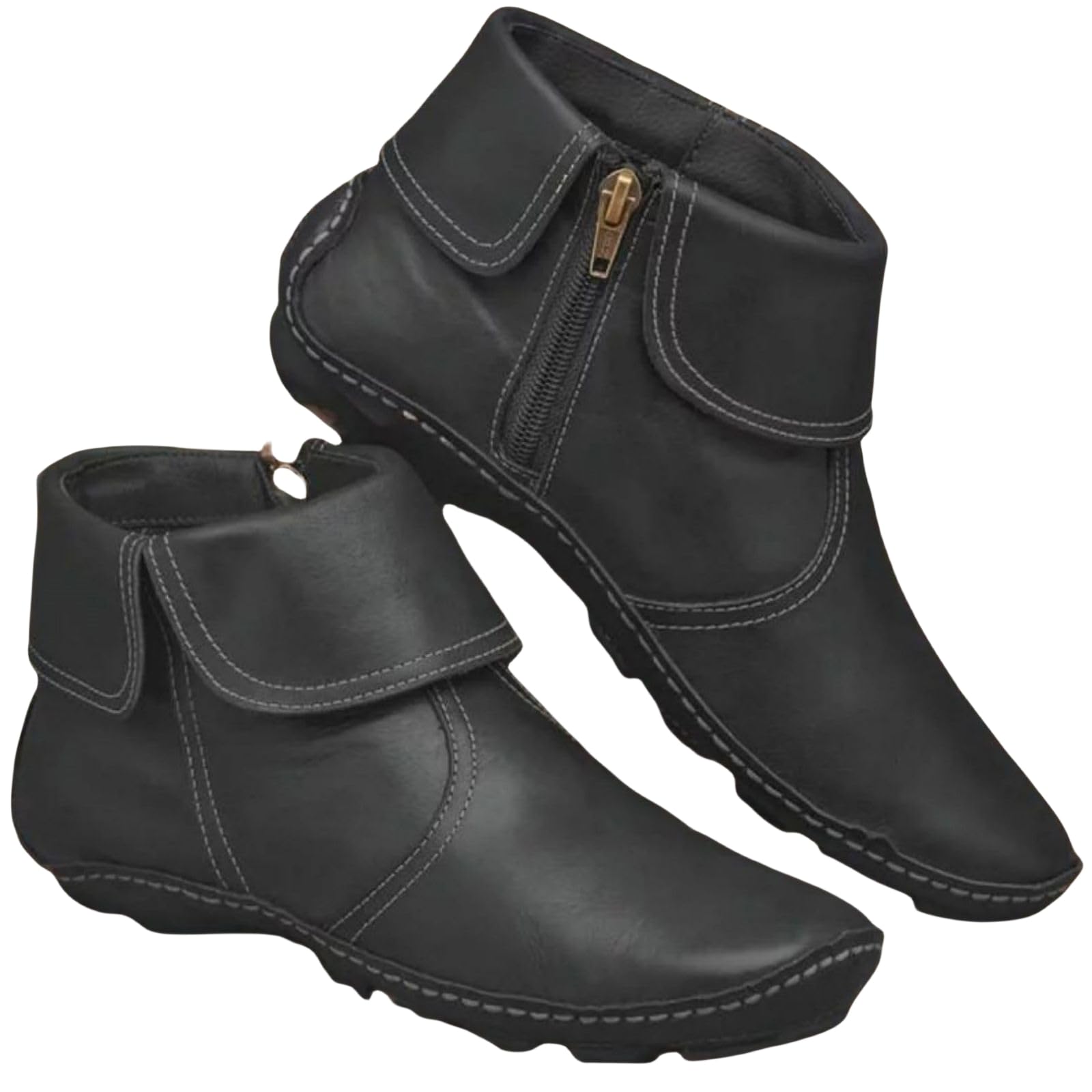 Womens Ankle Boots Arch Support Flat Heel Boots Fashion Lace Up Side Zipper Vintage Leather Booties for Women
