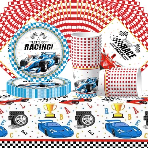 Imagen de Juego de 61 piezas de vajilla de carreras de coches para decoración de fiestas de cumpleaños infantiles