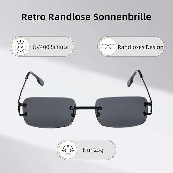 Frameless Sunglasses Rectangular Lenses Metal Frame UV400 Protection Retro Unisex QVK-5225