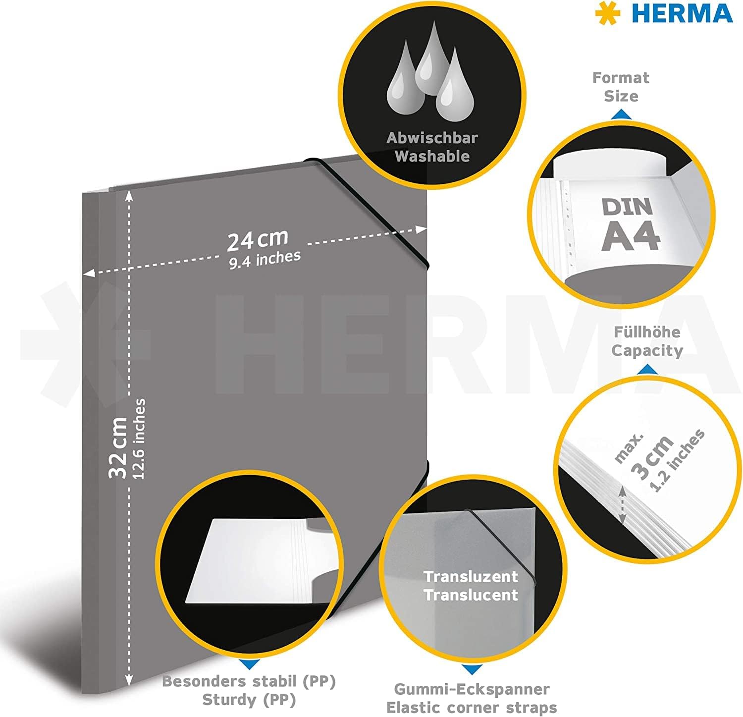 HERMA 19596 Portfolio Folders A4 Translucent Neon Assortment, Pack of 12, Children's Plastic Corner Folder with Inner Flaps and Elastic Band, Sturdy Plastic Folders Set for Boys and Girls