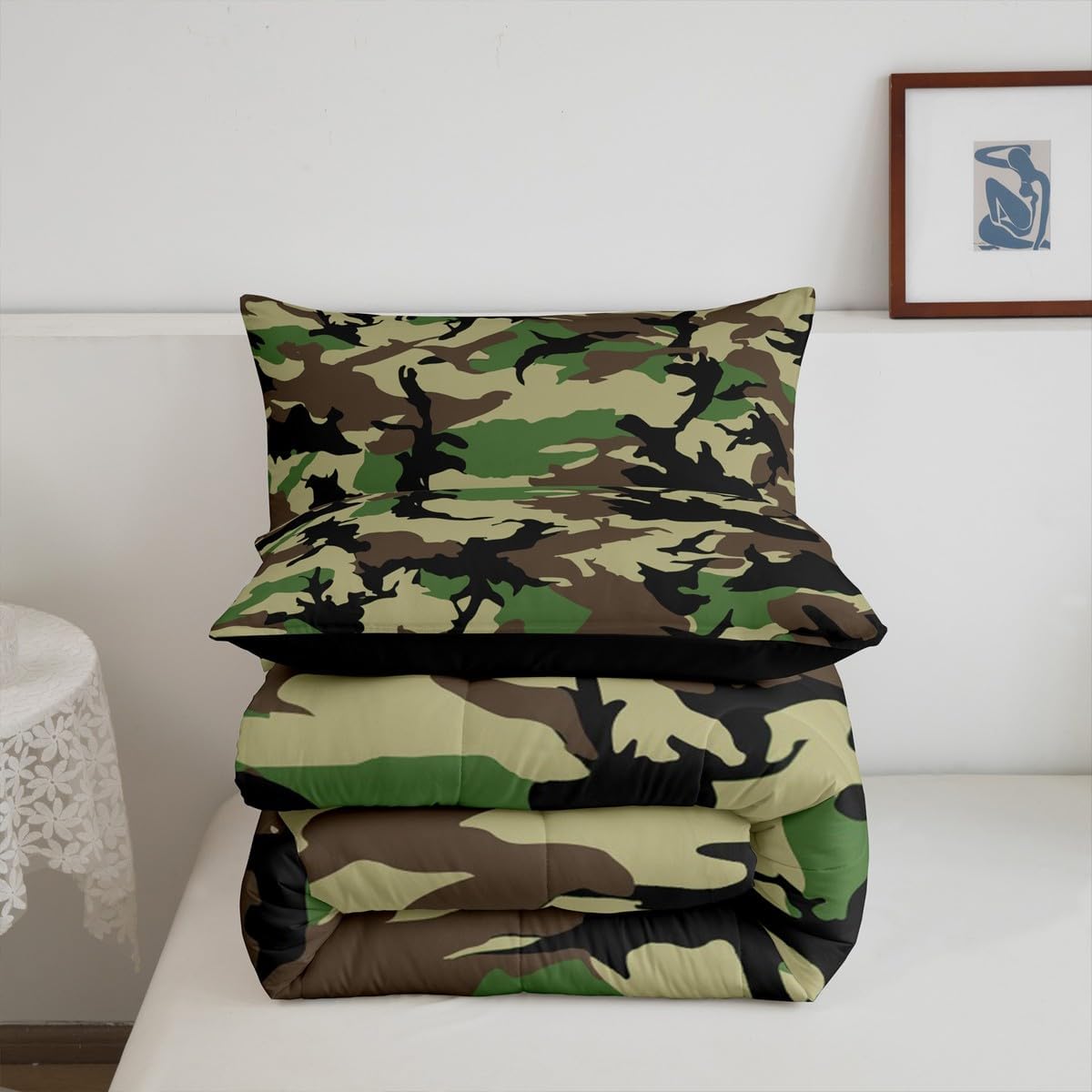 Feelyou Camouflage Bedding Set Soft for Boys Girls, Camo Comforter Set Twin Size Military Style Duvet Quilt Microfiber Wild Bedroom Decor Amry Green 2 Pcs with 1 Pillow Cases