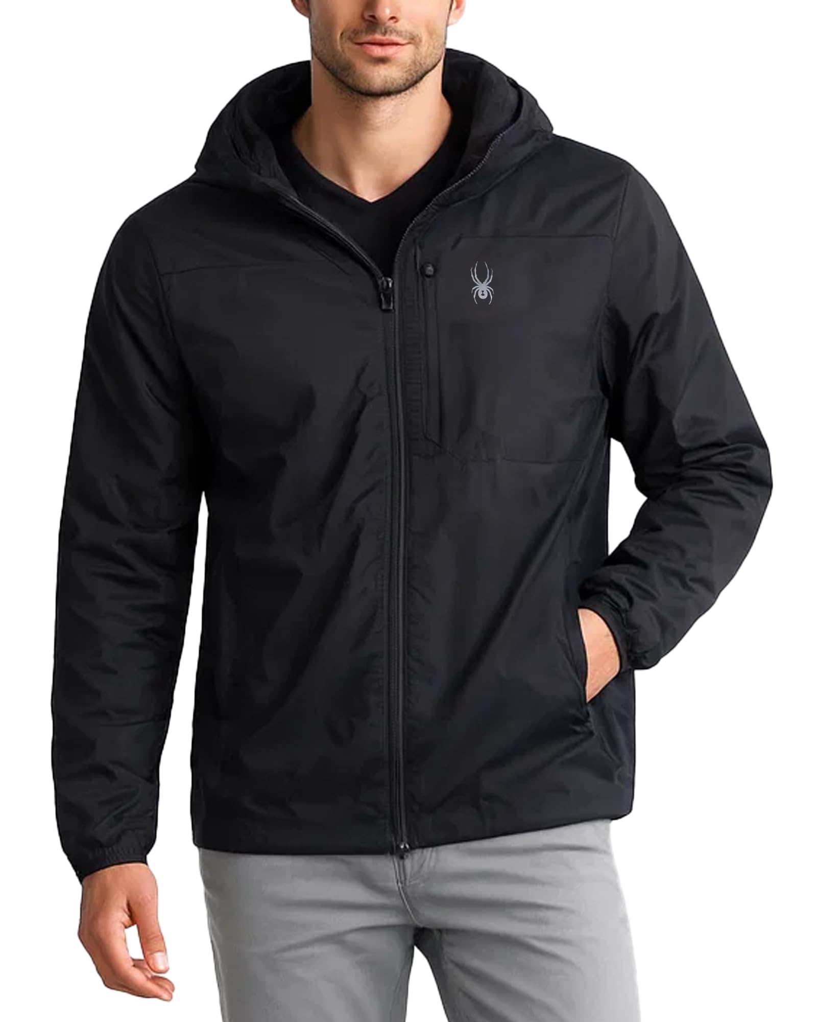 Spyder Chaqueta cortavientos para hombre, ligera, aislante, resistente al agua, con cremallera, con capucha, cortavientos para hombre