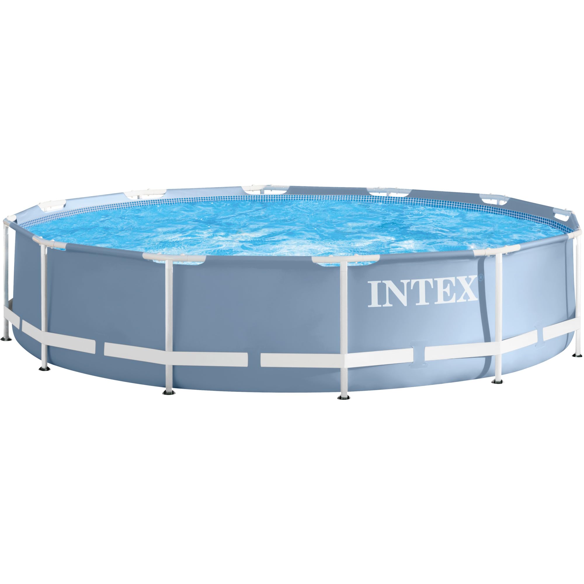 Aufstellpool im Garten waehrend der Sommer-Saison — Frame-Pool mit Sandfilter und Pool-Leiter