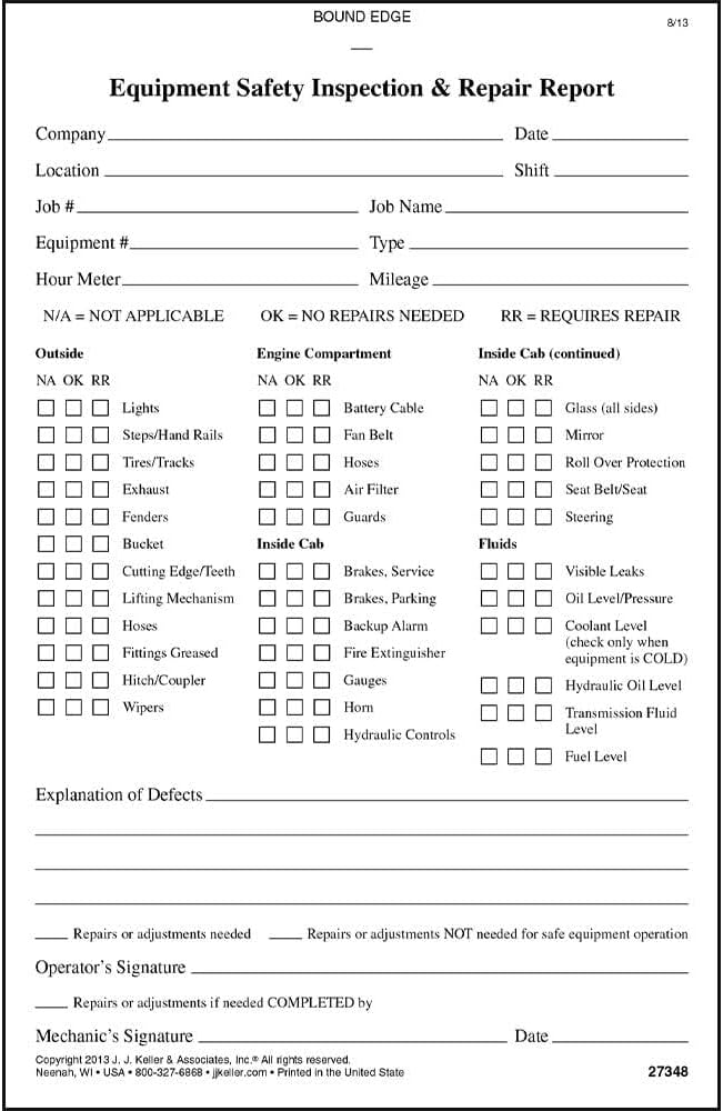 Equipment Safety Inspection Report 100-pk. - Book Format with 31 Sets, 2-Ply, Carbonless, 5.5" x 8.5", J. J. Keller & Associates, Inc.
