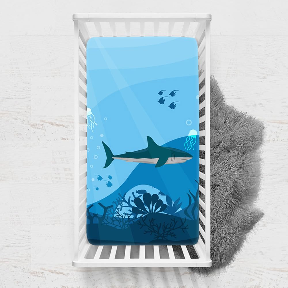 Odot Cot Bed Sheets, Ocean Print Bedside Cribs Fitted Sheets, Baby Bed Sheets Microfiber Cot Bed Mattress Protector, Bassinet Sheets, Easy Care Soft and Dureable (Sharks,90x140 cm)