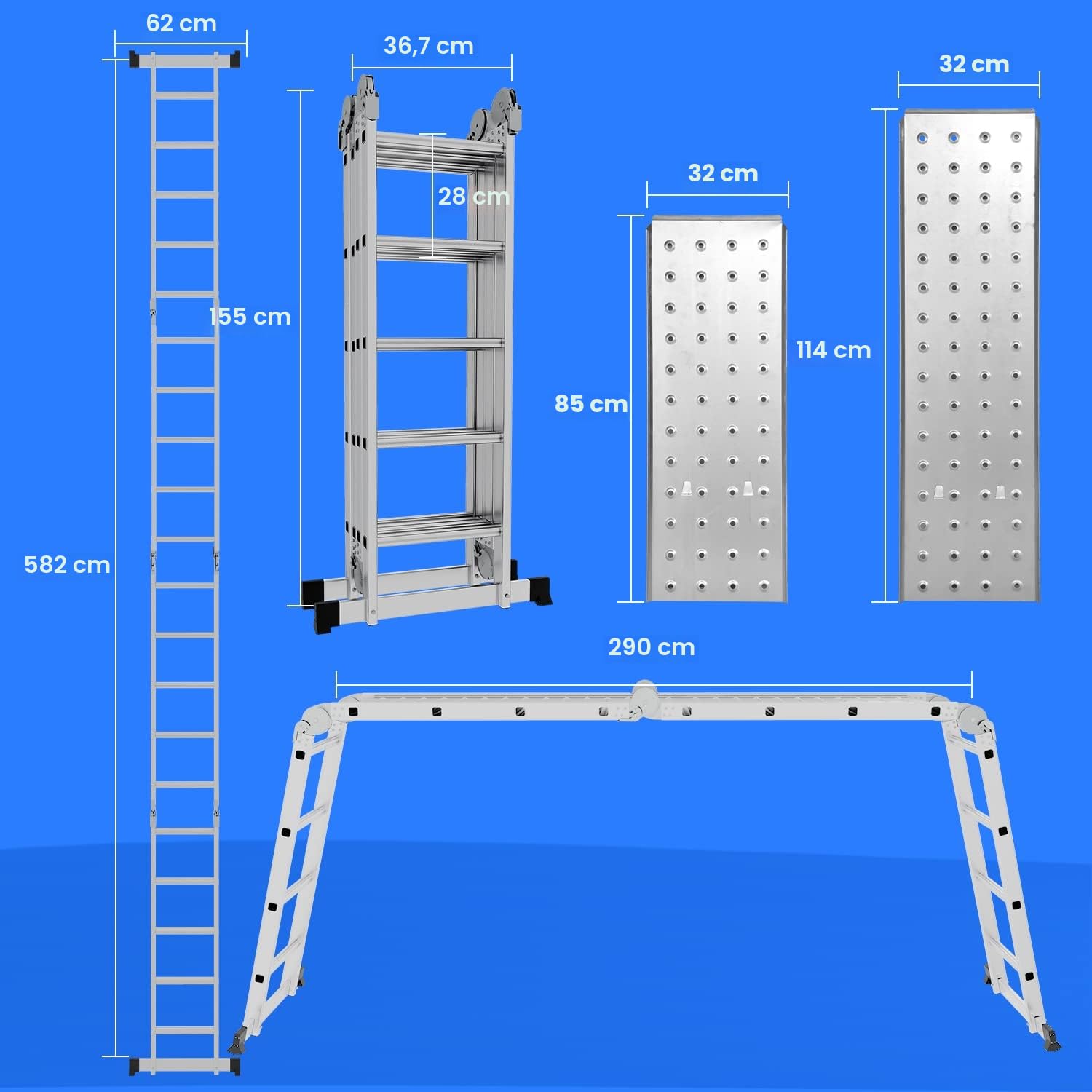 Escalera multiusos 4 x 5 cm, 582 cm, 7 en 1, de aluminio, multiusos, plegable, para el hogar, trabajo, plataforma de trabajo, SNOF-8973-M1CC