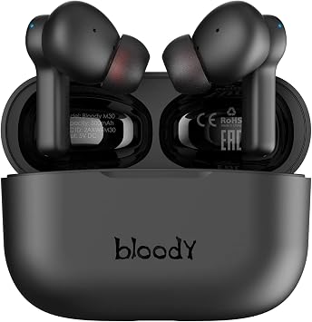 Bloody M30 TWS True Wireless Earbuds, Bluetooth 5.0, 22H Playtime, Low Latency & Lightweight, Hybrid Diaphragm Deep Bass, IPX4 Rate Earphones with Mini Charging Case White M30 - Black