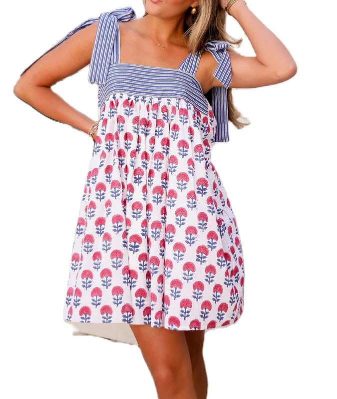 Image of Women Floral Tie Shoulder Mini Dress Cute Square Neck Loose Fit Beach Short Dress Backless Boho Vocation Sundress