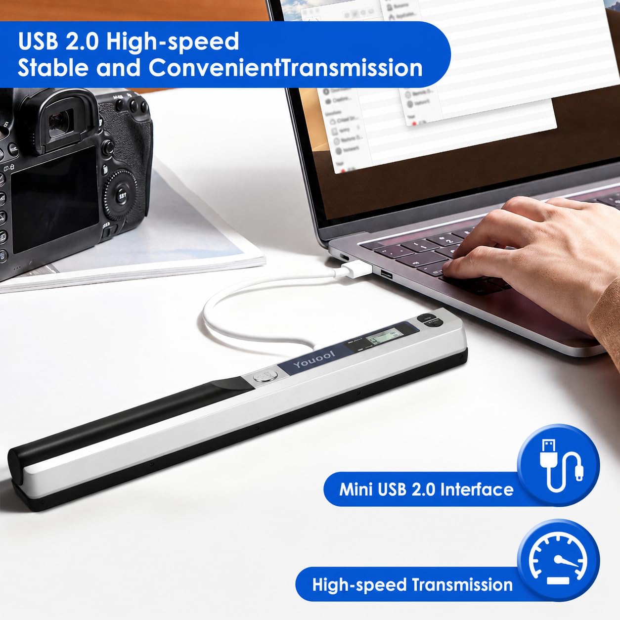 Scanner de Documents Portable, A4 900 DPI Haute Résolution Photo Couleur Portable, Format JPG/PDF USB 2.0 Scanner de Document Portables pour Documents, Reçus, Photos (Argent)