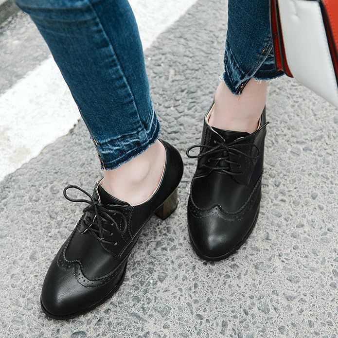 Women's Chunky High Heels Wingtip Oxfords Round Toe Lace Up Chunky Block Heel Office Shoes Party Dress Shoes2