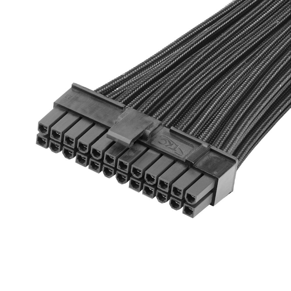J&D ATX 24 Pin Motherboard Power Supply Sleeved Cable, ATX PSU Extension Wire, 24 Pin Male (4+20) to Female, 12 inch