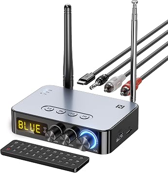 Bluetooth Audio Receiver Transmitter 4-in-1 with Remote for Home Stereo TV, HiFi Wireless Audio Adapter with 3.5mm AUX,RCA,6.5mm Mic Connection, FM Radio, Low Latency NFC Audio Adapter