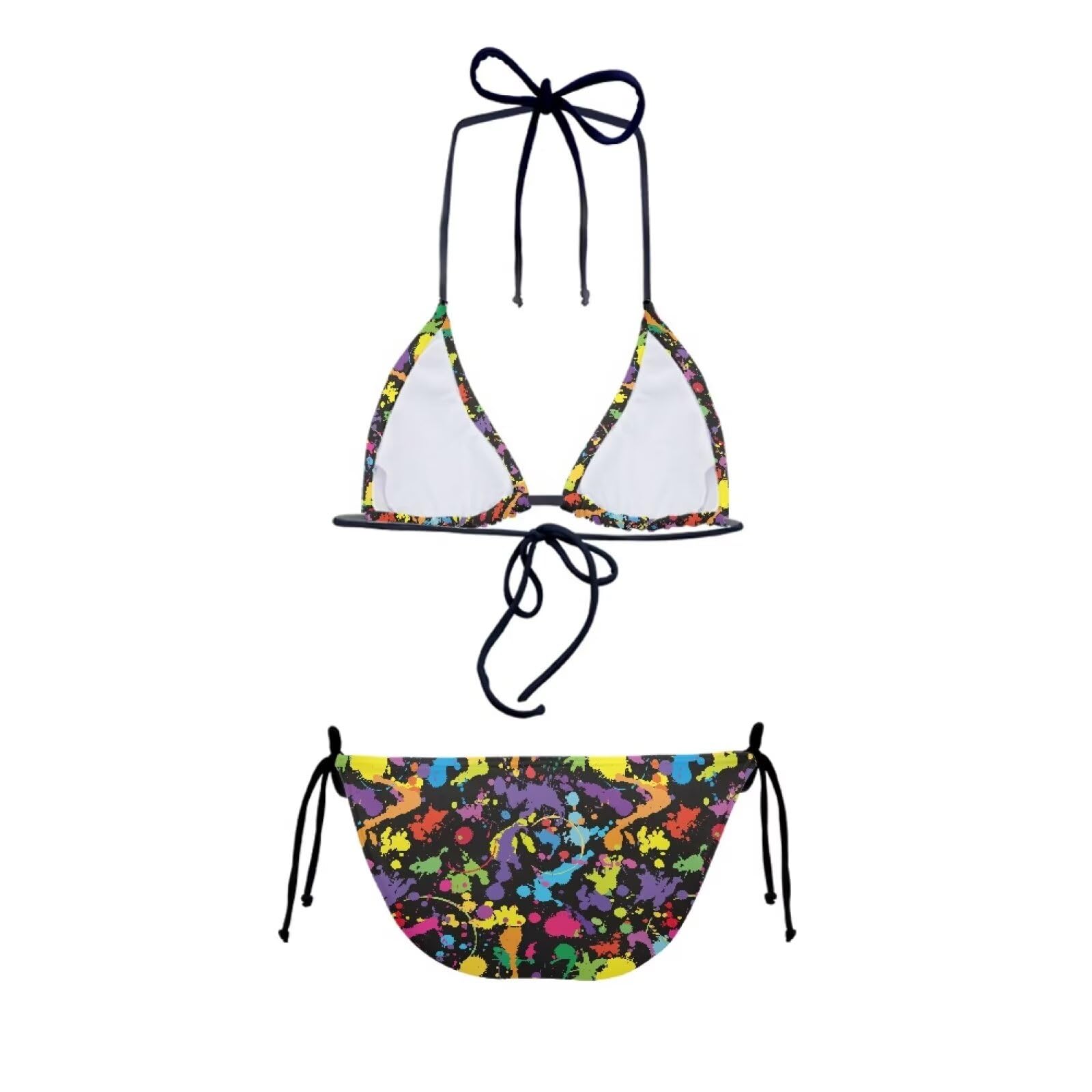 Yewattles Color Splash Triangle Bikini Sets Women Halter String Bikini Set Sexy Two Piece Swimsuits Transparent Straps Bathing Swimwear for SPA Honeymoon Swimming Pool Beach Party