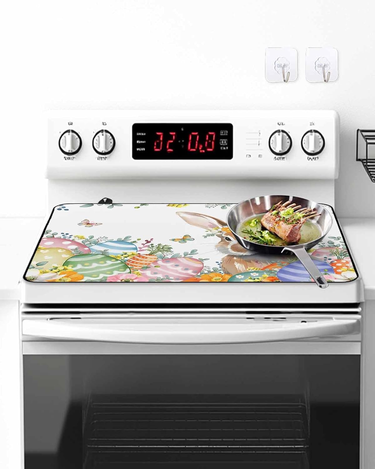 Easter Rabbit Stove Cover for Electric Stove, Watercolor Floral Bunny Colored Eggs Leaf Stove Top Cover for Glass Top, Heat Insulation Rubber Mat Foldable Cooktop Top Protector, 36"x21"