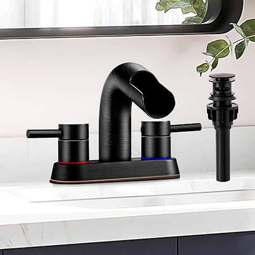 KZH Grifo de baño en cascada, juego central de 2 manijas de bronce aceitado de 4 pulgadas para 2 o 3 agujeros, grifo de lavabo de baño, grifo