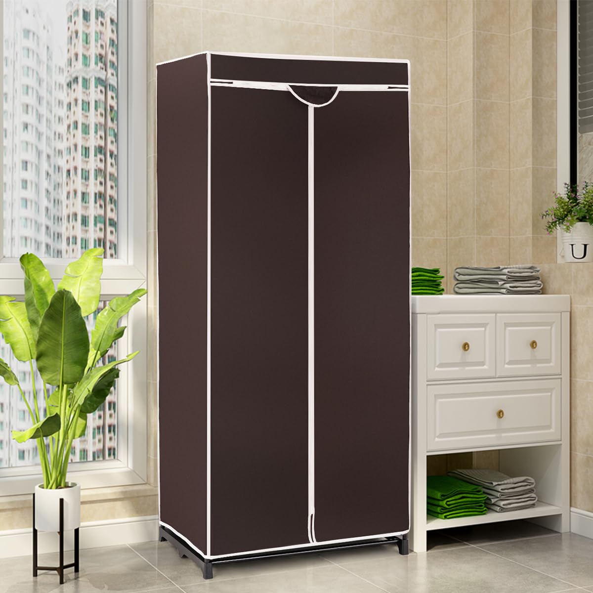 HOMASIS Armario de Tela Plegable y ahorrador de Espacio con Funda guardapolvo, Armario Plegable con Cremallera, Muebles de habitación para Dormitorio, baño, salón, 74 x 50 x 172 cm (Marrón)