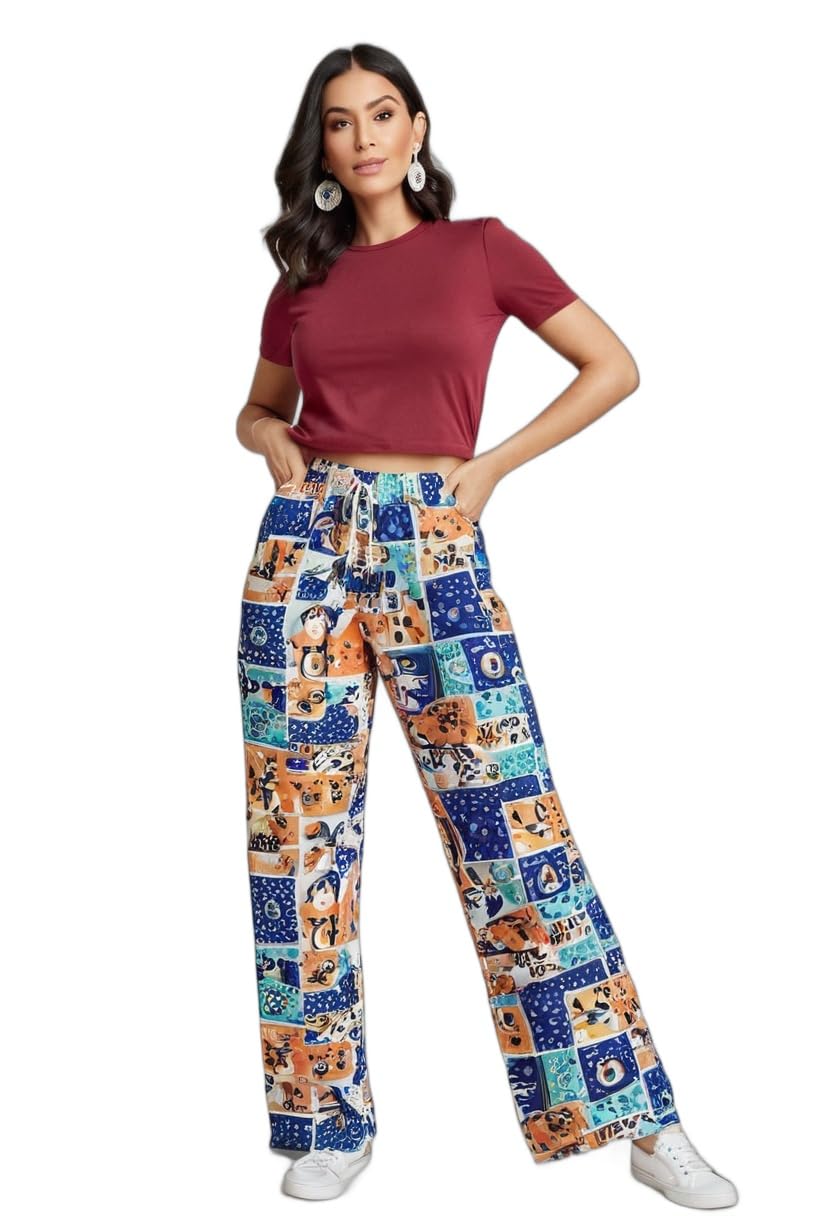 Women's Abstract Geometric Print Pyjama Pants, Wide-Leg Style, Multicolor Pattern, Elastic Waist with Drawstring-image-17