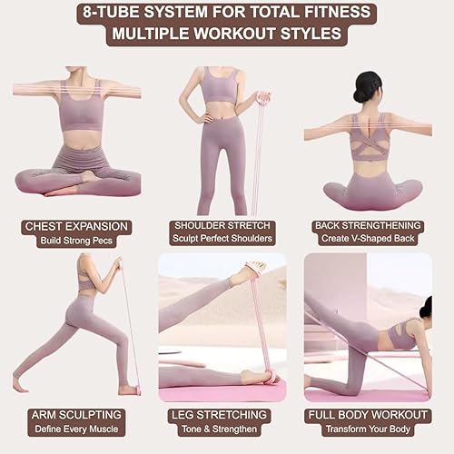 Miniatura 7 de Bandas de resistencia de silicona ajustables de 8 tubos de alta calidad con asas, bandas de ejercicio ajustables de 15 a 120 libras para gimnasio en