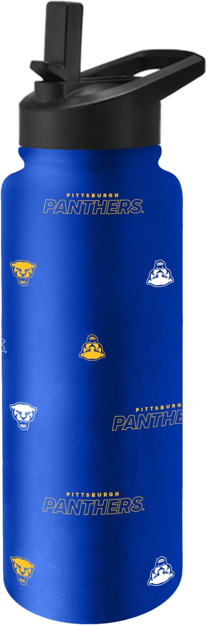Logo Brands NCAA Pittsburgh Panthers Step & Repeat 34 oz Stainless Steel Quencher Bottle – All Over Logo Design, No-Spill Lid, Easy Carry Handle - Keeps Drinks Cold For Hours