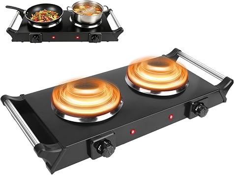 Moclever Portable Electric Stove Double Burner Hot Plate with 5 Temperature Settings,2000W Countertop Cooktop for RV,Home,& Camping,Compatible with All Cookware,Stay-Cool HandlesBlack