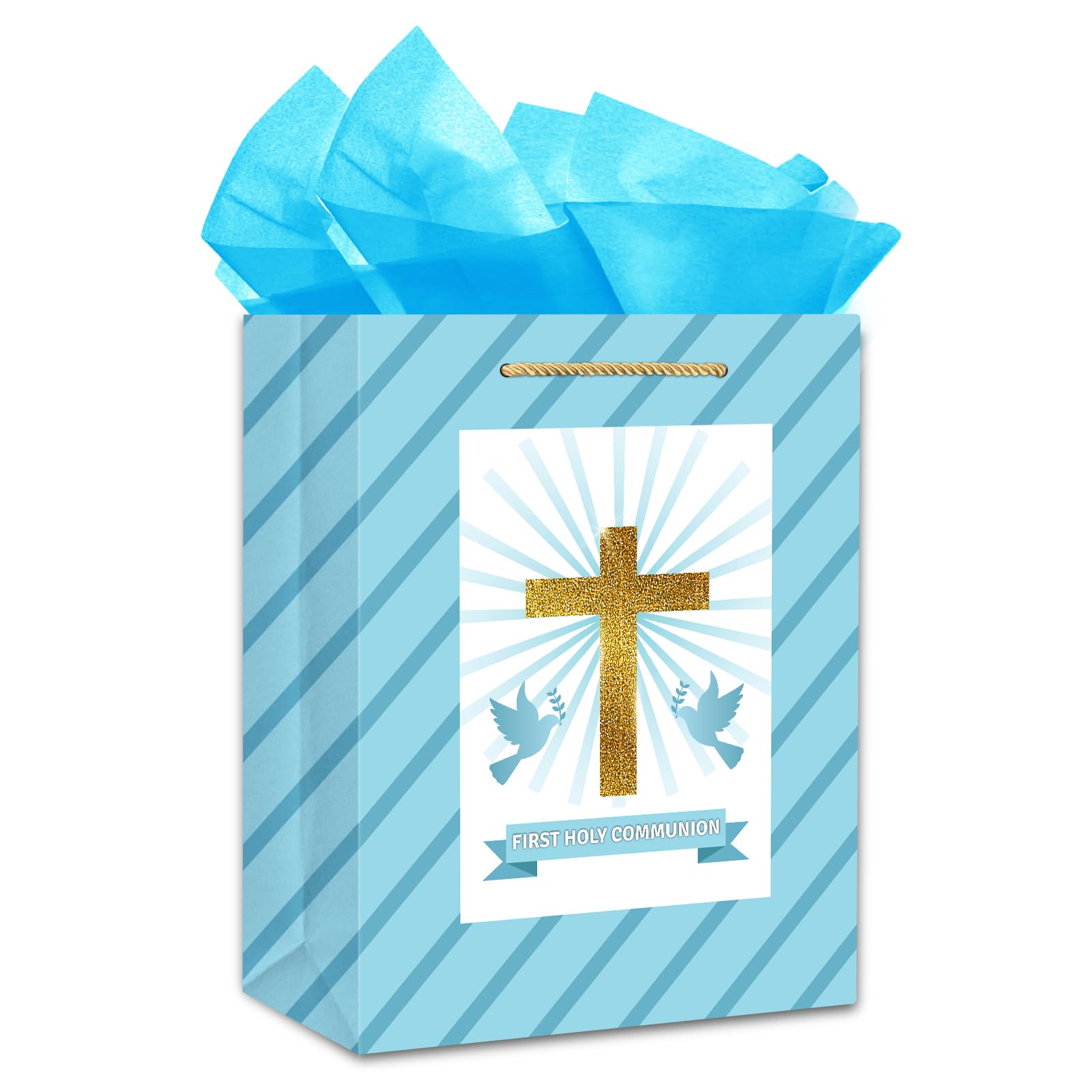 FLYAB First Holy Communion Gift Bag - 11.5" Baptism Gifts for Girls Boys First Communion Religious Cross Christian with Tissue Paper Handle Confirmations Gifts for Baby Boys Girls