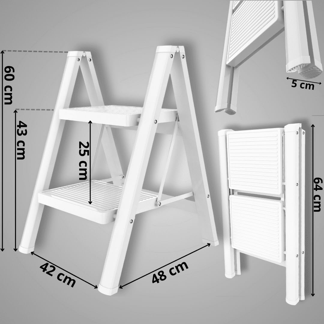 ISOP 2 Step Folding Ladder Aluminum | White Standing Ladders Foldable - Two Step Ladder | Anti-Slip Steps | 2-rungs Durable, Lightweight & Compact | Step Ladders for Household, Garage or Office