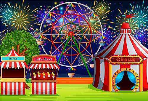 Cassisy 1,5x1m Vinilo Circo Telon de Fondo Rayas Blancas Rojas Carpas de Circo Fuegos Artificiales Césped Vista Nocturna Fondos para Fotografia Party Infantil Photo Studio Props Photo Booth