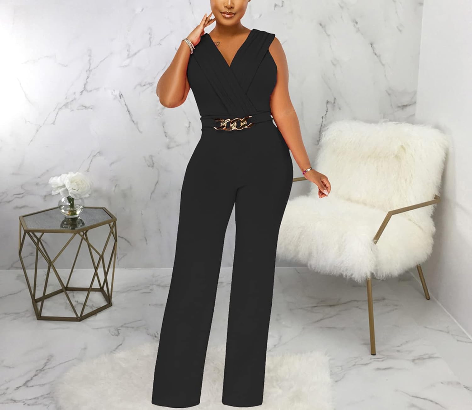 ZonJie Women's Dressy Jumpsuits Summer Sexy Party Rompers Elegant Deep V Neck Backless Clubwear Wide Leg Long Pants - Image 6