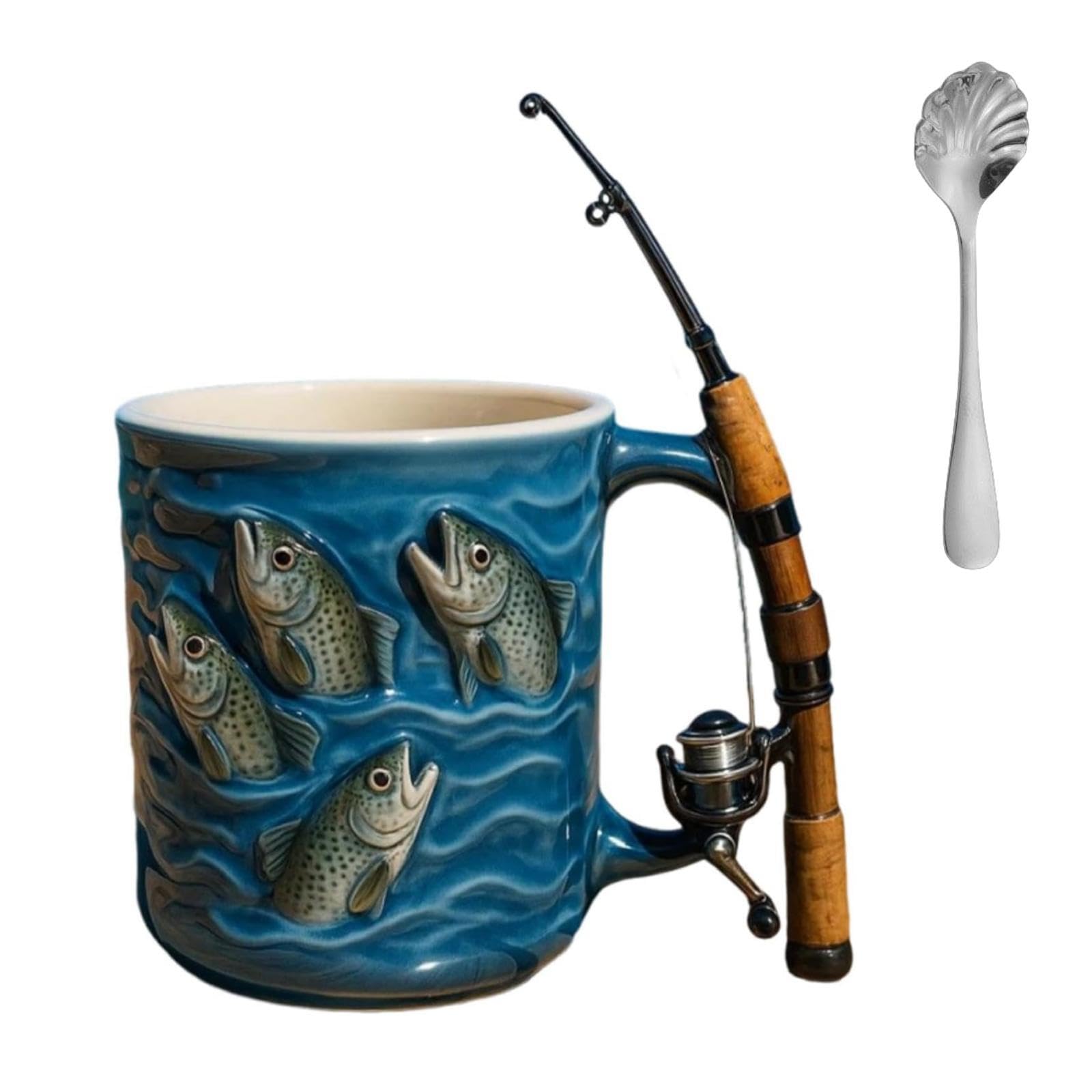 Fishing Coffee Mug, Funny Fishing Rod & Reel Design Coffee Mug, Fisherman Tea Coffee Resin Cup with Comfortable Grip, Resin Fishings Theme Tea Cup with Grip, Gifts for Fisherman