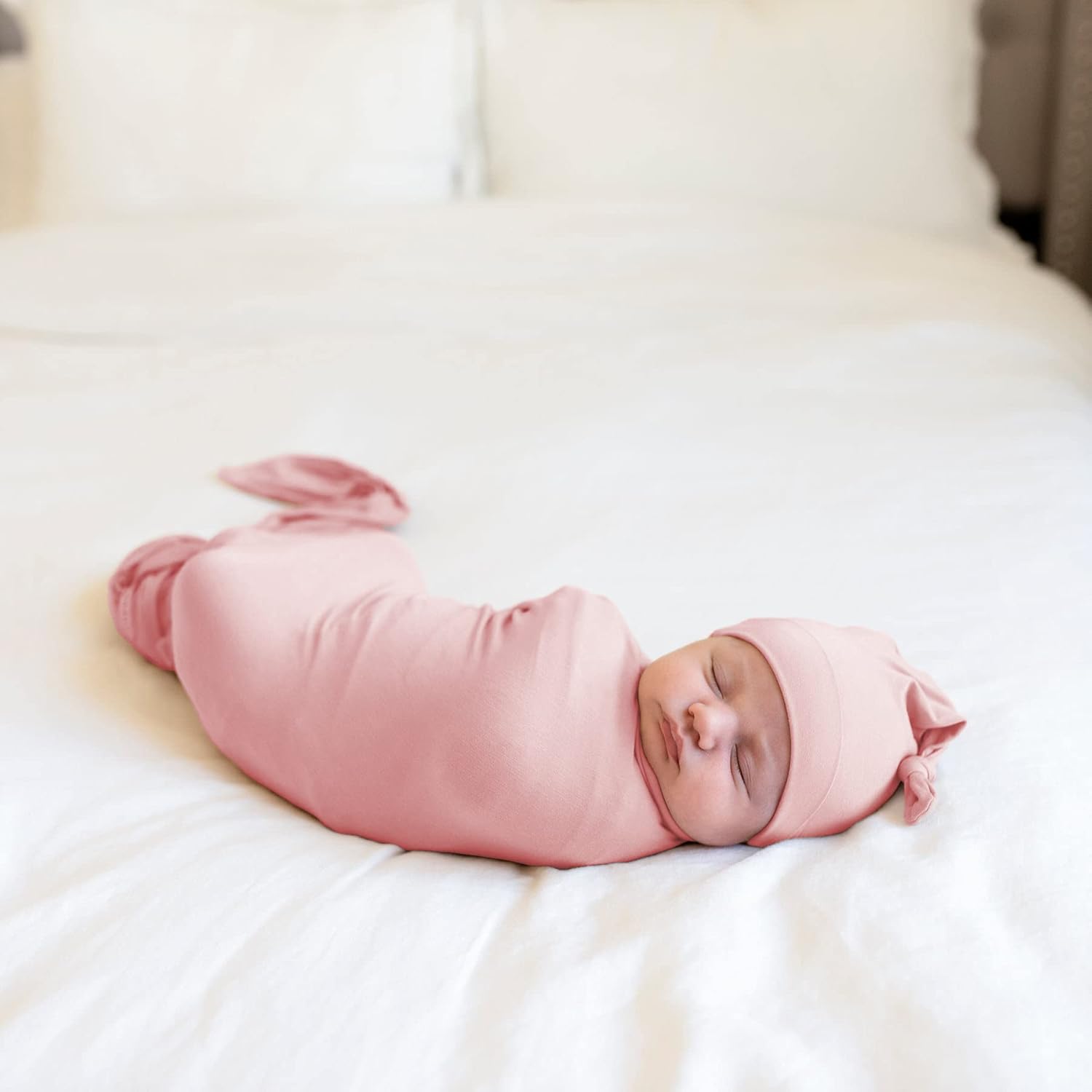 Large Jersey Knitted Swaddle Blanket for Baby, Soft Stretchy Receiving Blanket for Newborns with Hat, Large 47 x 47 inches (Rose)