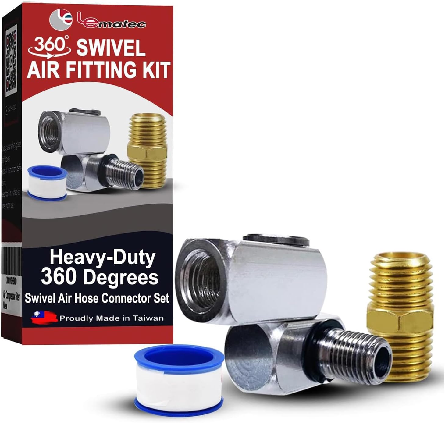 LE LEMATEC Air Compressor Swivel Connector - 360° Quick Connect Hose Fittings Kit with 1/4" NPT Male Adapter & Teflon Tape for Air Tools, Sandblaster & HVLP Spray Gun, Kink-Free Operation