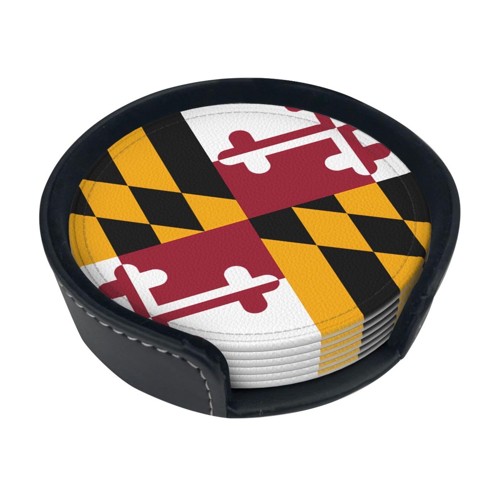 Cntdbu White Maryland State Flag Leather Coasters Set Of 6-Pu Leather Drink Mats For Table, Heat Resistant Round Coasters With Holder