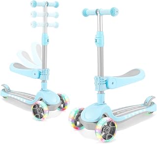 3 Wheel Scooter for Kids Ages 2-10 Years, 2 in 1 Kick Kids Scooter with Swivel Seat, Flashing Wheels and Light up Deck, 4 Adjustable Heights, Lean to Steer, Suitable for Boys & Girls Aged 2+