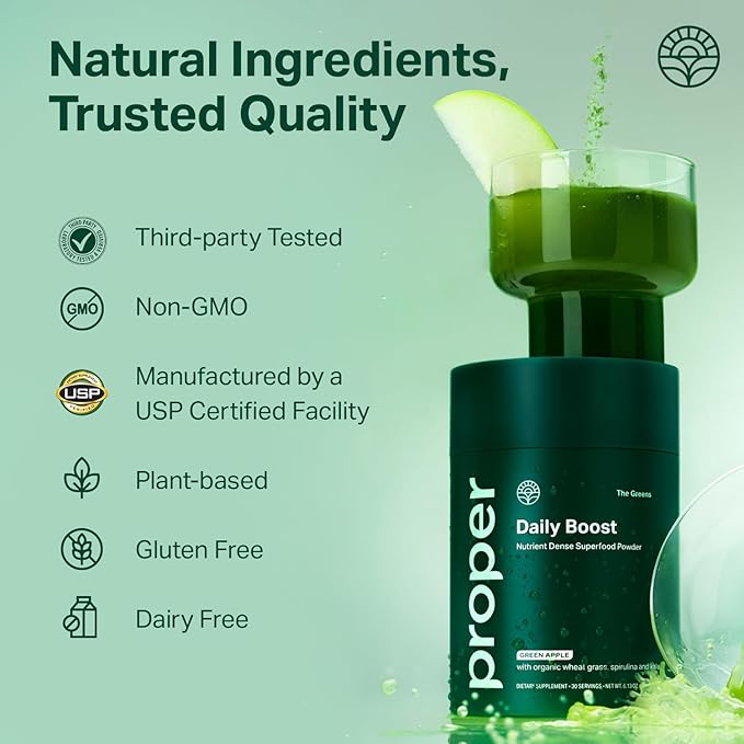 Proper, The Greens Daily Boost Organic Greens Powder. Whole Food, Apple Flavour Veggie Powder Superfood with Wheatgrass, Spirulina, Chlorella, Probiotics. Daily Drink Mix for Wellness and Digestion