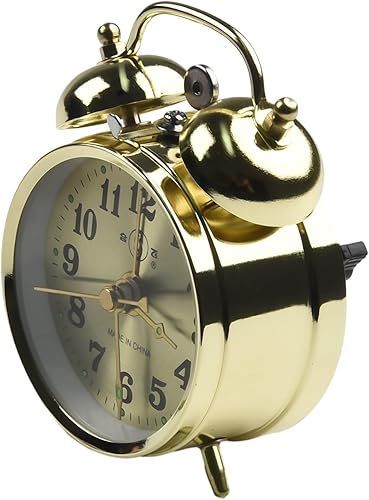 Miniatura 6 de Reloj despertador de doble campana de 2.8 in para durmientes pesados, reloj despertador mecánico dorado de herradura, cuerda manual, reloj de metal